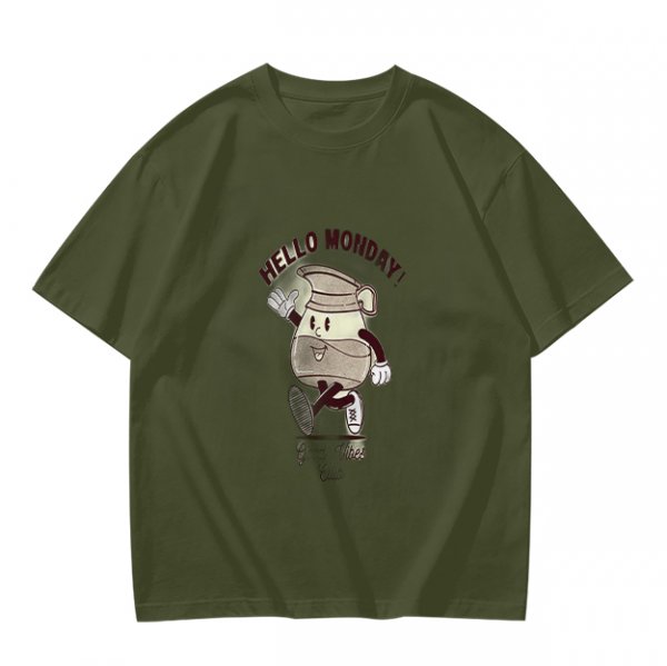 Olive Green T-Shirt with 'Hello Monday!' Coffee Character Graphic