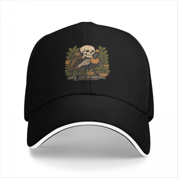 Black baseball cap with skeleton holding coffee and plants design