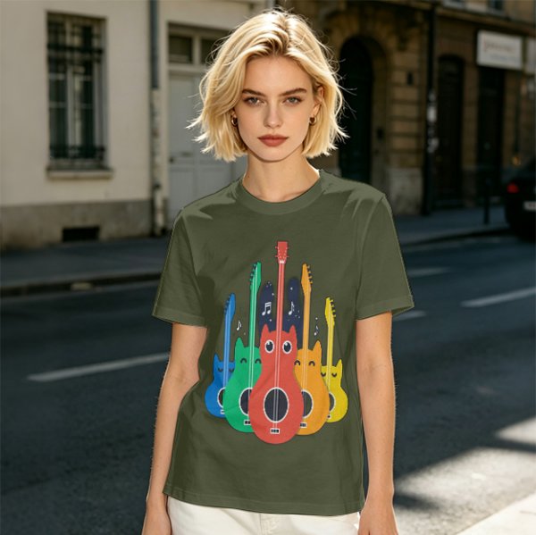 Olive T-Shirt With Colorful Cat Guitar Illustration