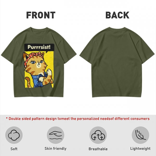 Olive green t-shirt with a cat in a Rosie the Riveter pose and 'Purrrsist!' text