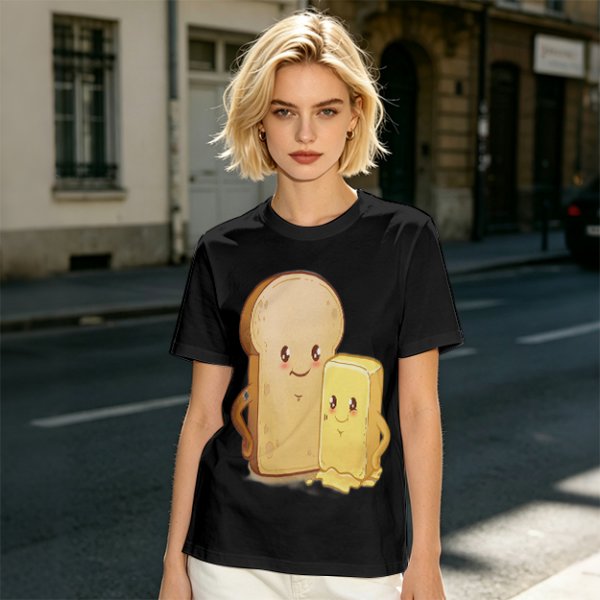 Olive T-Shirt With Cute Cartoon Bread And Butter Graphic