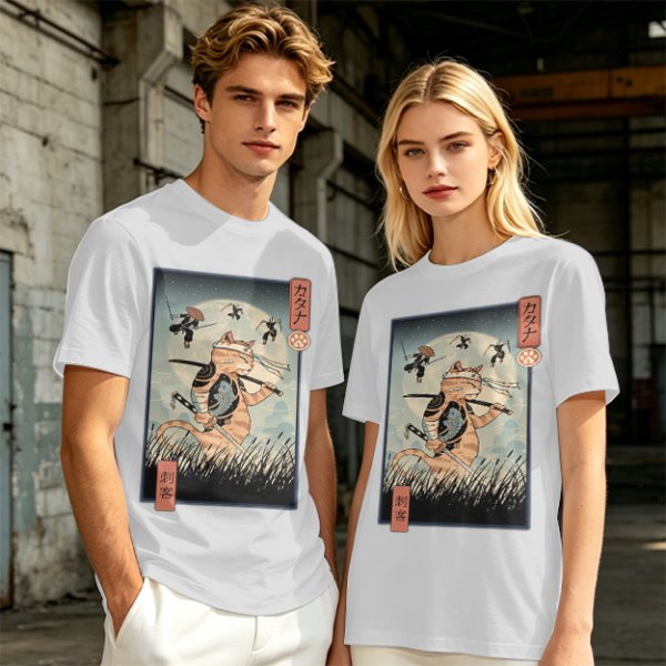 Samurai Cat Fighting Ninjas Ukiyo-e Style Graphic T-Shirt
