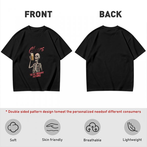 Olive skeleton graphic t-shirt with 'Cheers to my crappy future' print