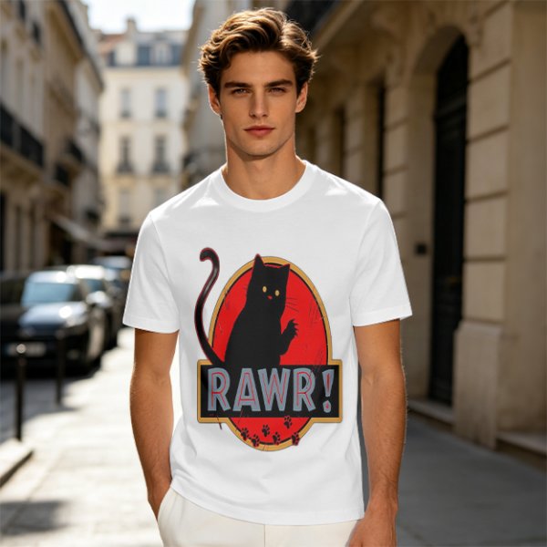 Olive T-Shirt With Black Cat Rawr Dinosaur Parody Graphic