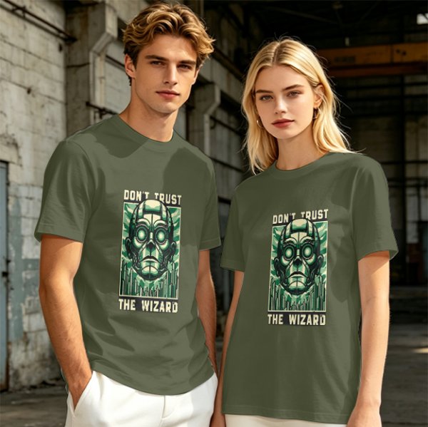 Olive green t-shirt with 'Don't Trust The Wizard' robot graphic print
