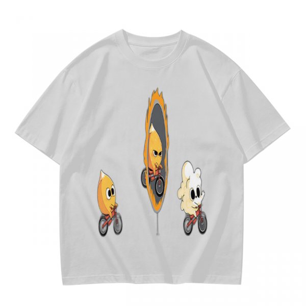 Olive T-Shirt With Cartoon Characters Riding Bikes Through Portal