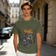 Olive graphic t-shirt with Back to the Trash raccoon design