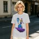 Olive T-shirt with Art Print of Girl Holding Blue Creature on Floating Rock