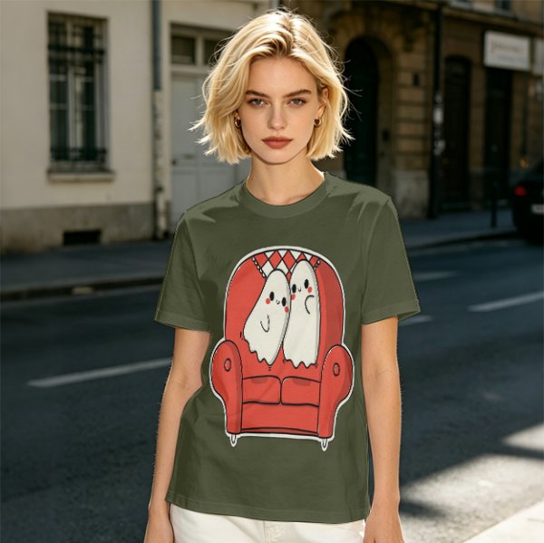 Olive T-Shirt with Cute Ghosts on Red Armchair Graphic