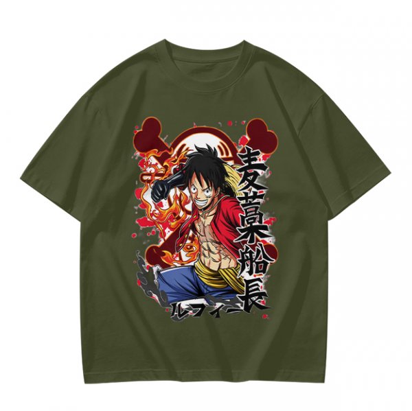 One Piece Monkey D. Luffy Graphic Print Olive T-Shirt