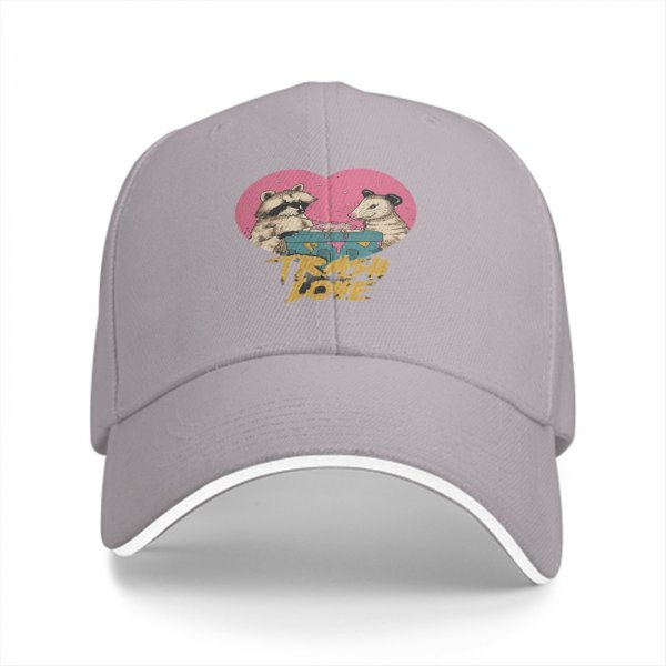 Black baseball cap with Trash Love raccoon and opossum heart graphic