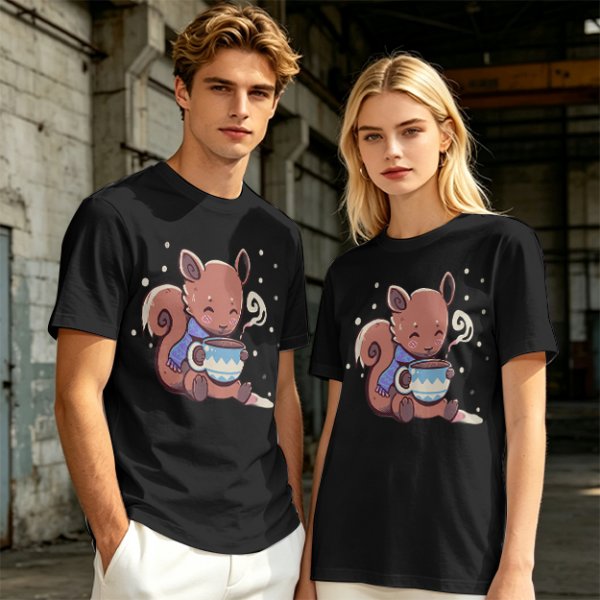 Olive T-Shirt With Cute Squirrel Holding Hot Drink Winter Art