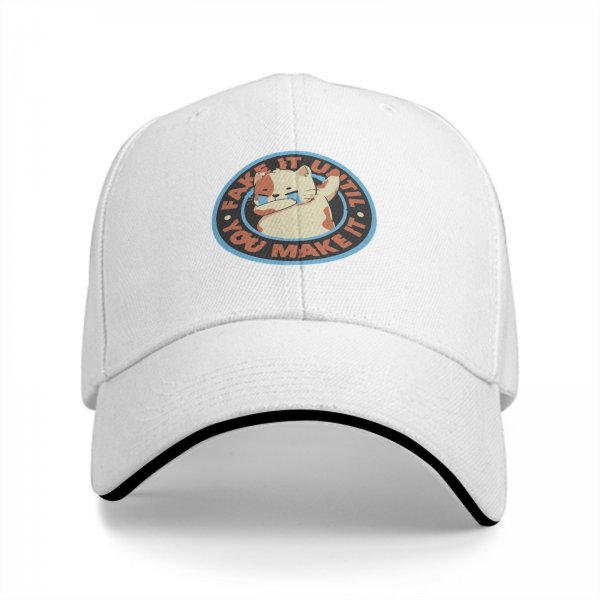 Black baseball cap with crying cat graphic and fake it until you make it text
