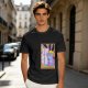 Olive green t-shirt with three-eyed cat couch killer tarot-style graphic