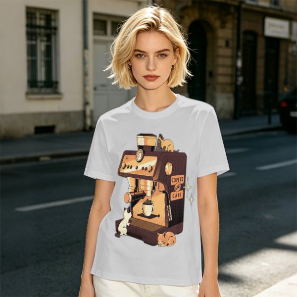 Olive t-shirt with espresso machine and cats graphic