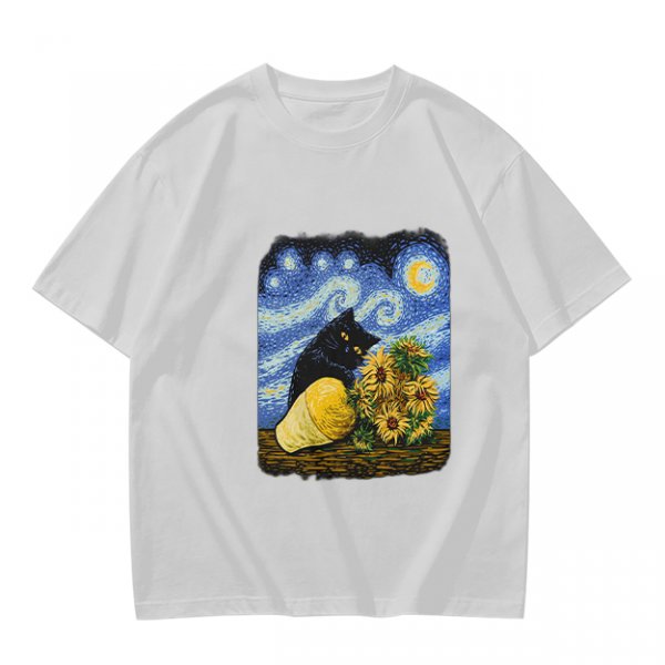 Olive T-Shirt with Starry Night Cat and Sunflowers Art Print