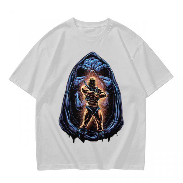 Olive T-Shirt with Muscular Hero Emerging from Hooded Figure Art