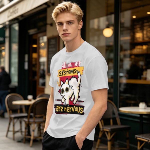 Olive graphic t-shirt with nervous white cat and 'All of my systems are nervous' text