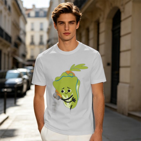 Olive Green T-Shirt With Sad Cartoon Cabbage Graphic