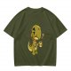 Olive T-shirt with a grumpy cartoon dinosaur holding a coffee mug