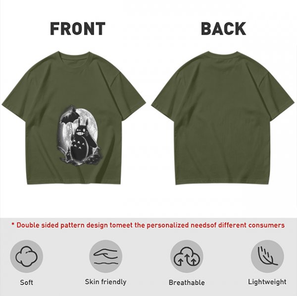 Olive t-shirt with Totoro and small spirits under full moon print