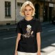 Olive T-shirt with a stressed cartoon cat baking cookies