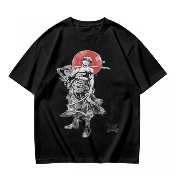Olive T-shirt with Samurai Swordsman and Red Sun Print