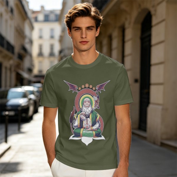 Olive T-Shirt With Meditating Wise Old Man And Dragon Art Print