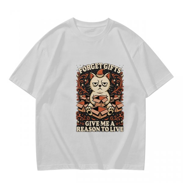 Olive t-shirt with grumpy cat holding boxes and text 'Forget Gifts Give Me A Reason To Live'