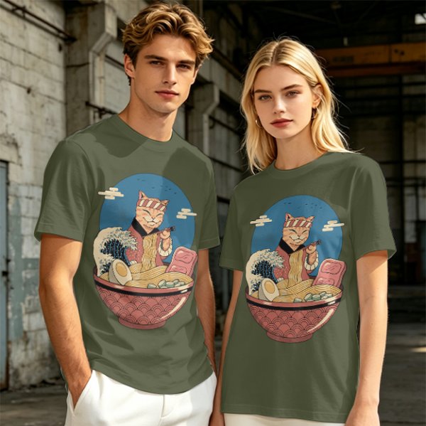 Cat Chef Eating Ramen in Great Wave Bowl T-Shirt
