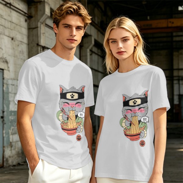Olive green t-shirt with a ninja cat eating ramen graphic