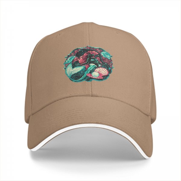 Black Baseball Cap With Mermaid And Pearl Shell Graphic