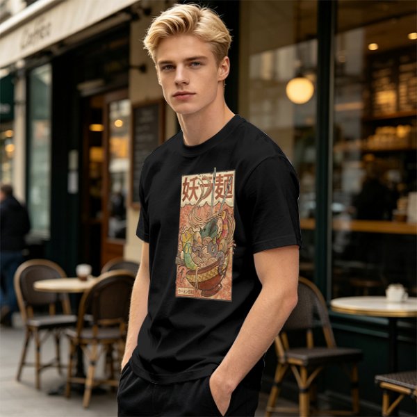 Olive T-shirt with Vintage Yokai Ramen Bowl Graphic Print