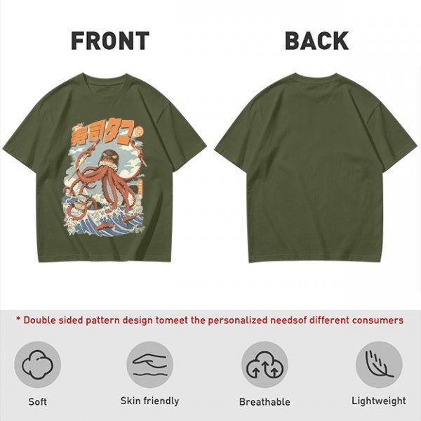 Olive t-shirt with Japanese octopus sushi warrior wave graphic