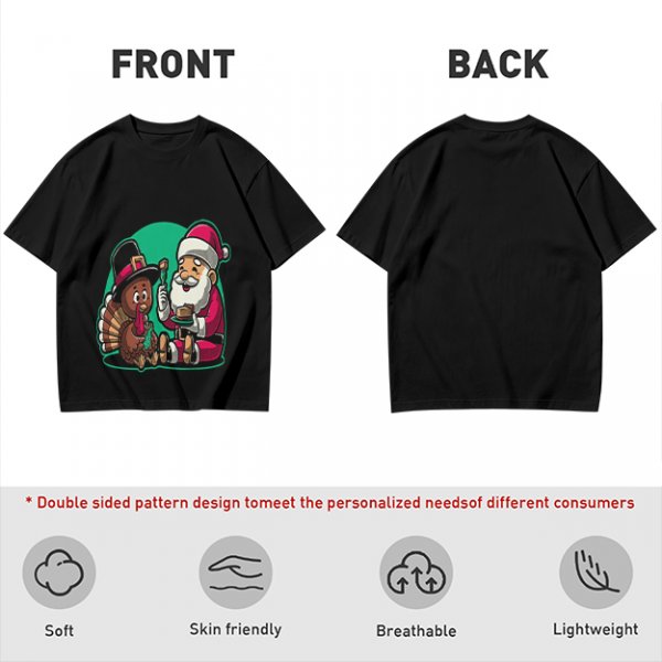 Olive T-Shirt with Santa and Thanksgiving Turkey Graphic