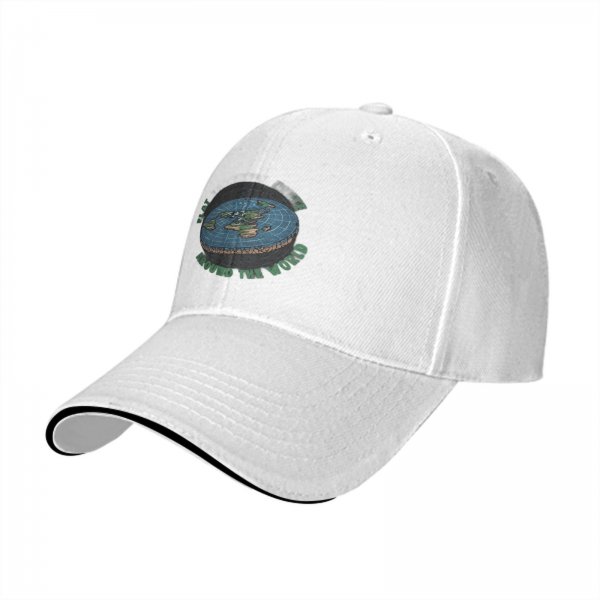 Black baseball cap with flat earth 'around the world' graphic print