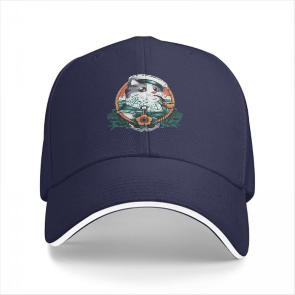 Black Baseball Cap With Sailor Cat Nautical Tattoo Art Print