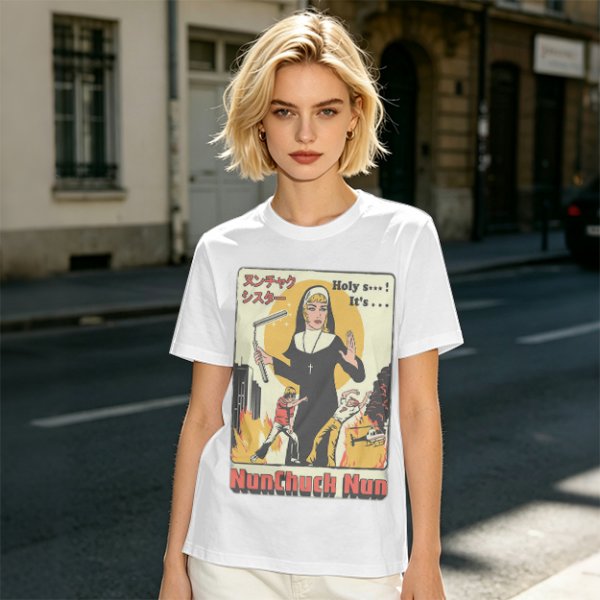 Olive T-shirt with Nunchuck Nun Action Graphic Print