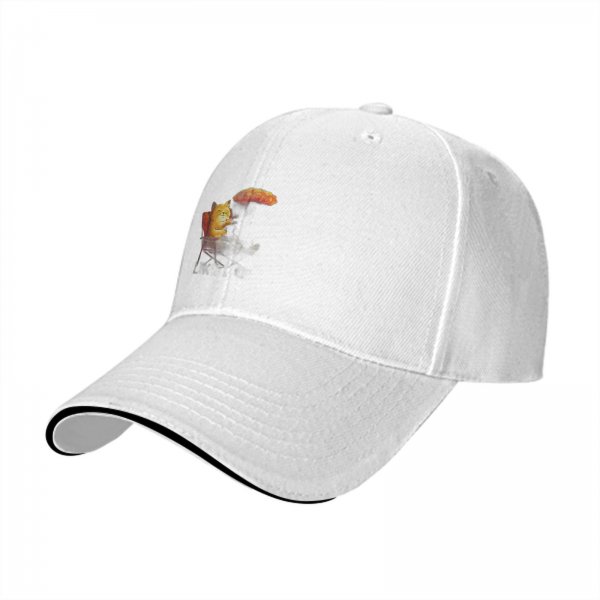 Black Baseball Cap With Relaxed Ginger Cat In Beach Chair Print
