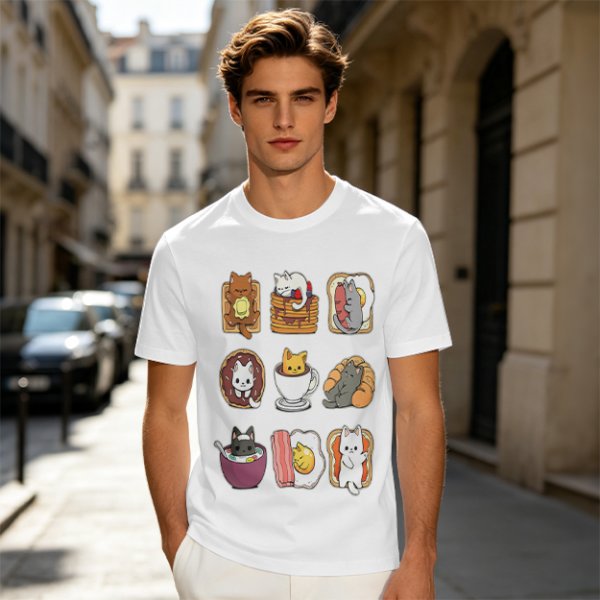 Olive T-Shirt With Cute Breakfast Cat Graphic Print