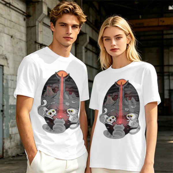 Olive T-shirt with Cat Sauron Tower Fantasy Art Print