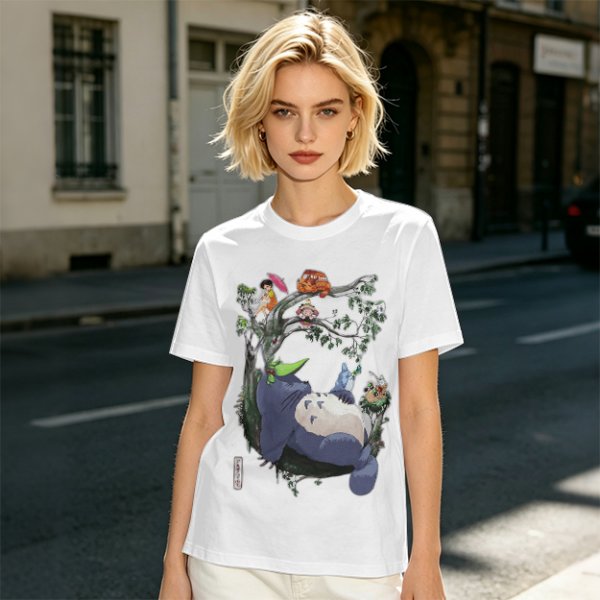 Olive green t-shirt with My Neighbor Totoro forest scene print