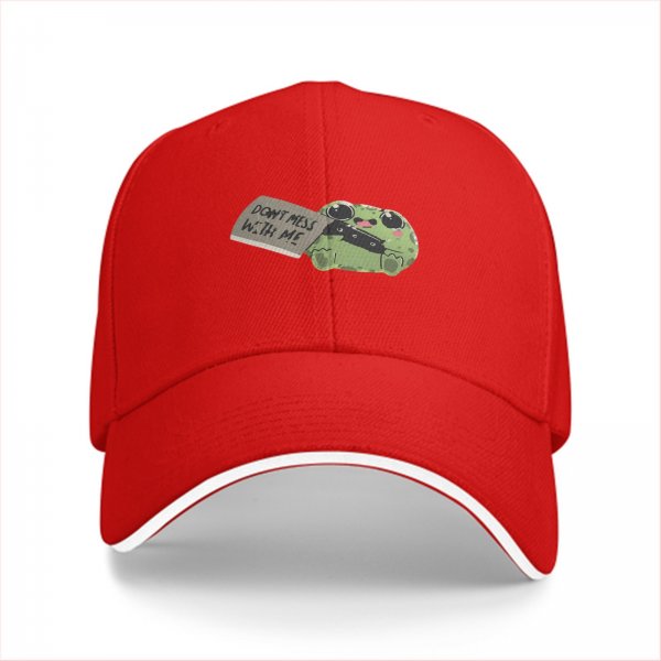 Black baseball cap with cute frog holding 'Don't mess with me' sign