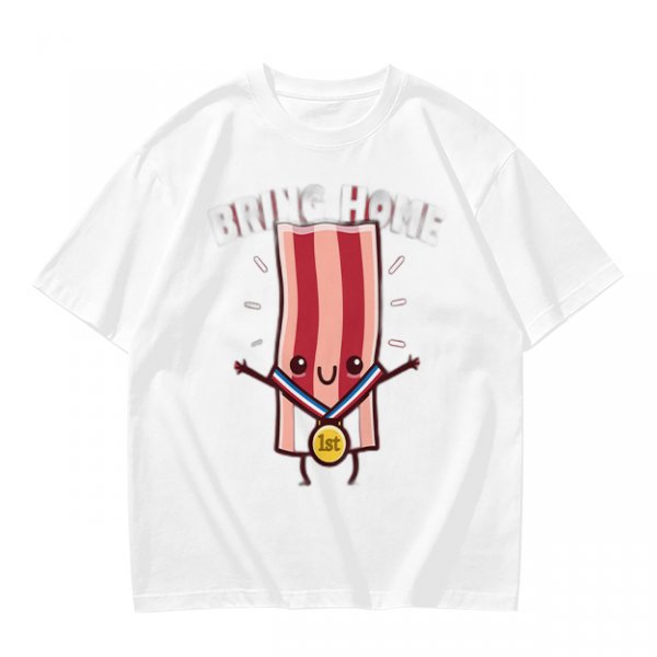 Olive T-Shirt With Cartoon Bacon Champion Medal Print