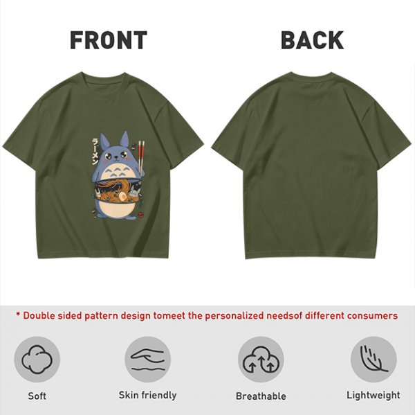 Olive T-shirt with Totoro ramen bowl graphic print
