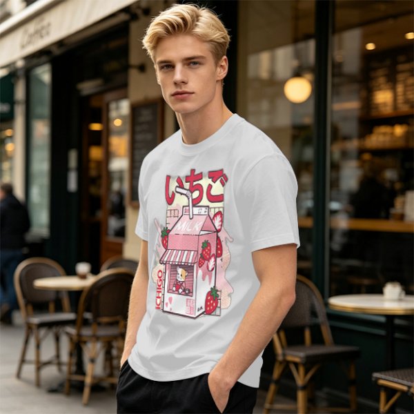 Olive T-Shirt with Strawberry Milk Carton Cat Shop Graphic