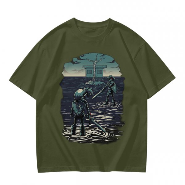 Olive T-shirt with two warriors standing in water holding swords