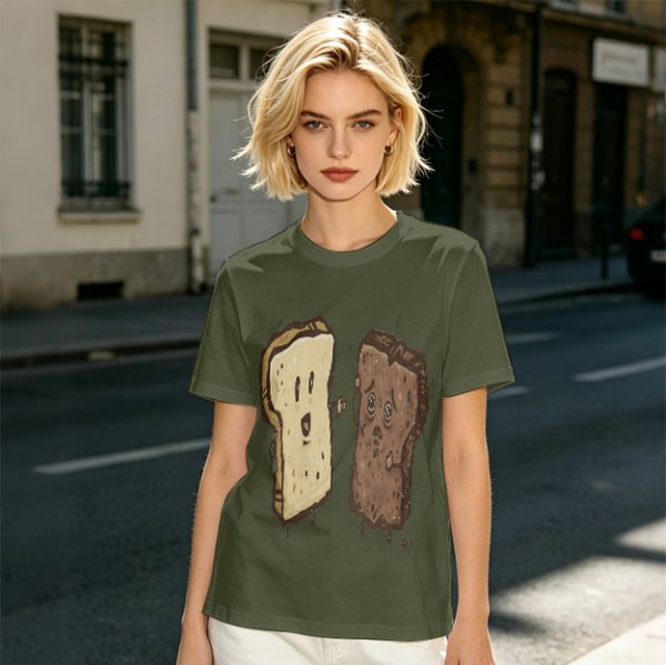 Olive T-Shirt With Surprised Light And Sad Burnt Bread Slices Graphic