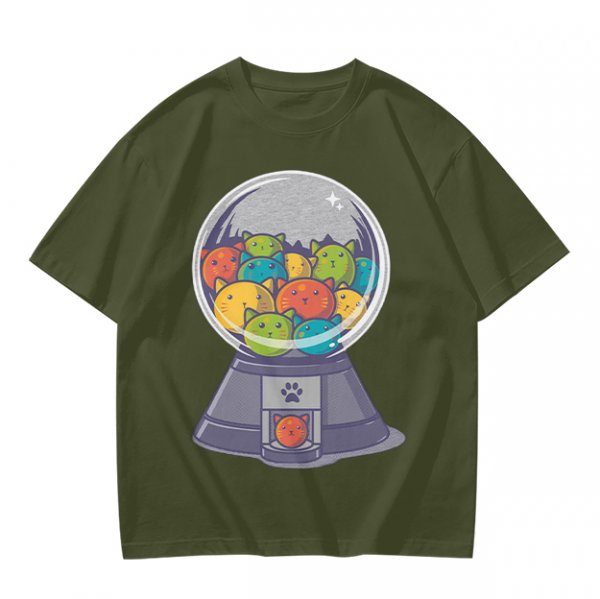 Olive T-Shirt With Cat Gumball Machine Artwork