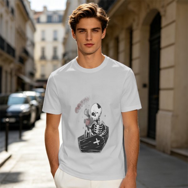 Olive T-shirt with Skeleton in Coffin Holding Coffee Print